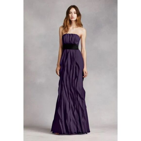 Vera Wang White Blue Crinkle Chiffon Strapless Bridesmaid Dress - Picture 8 of 9